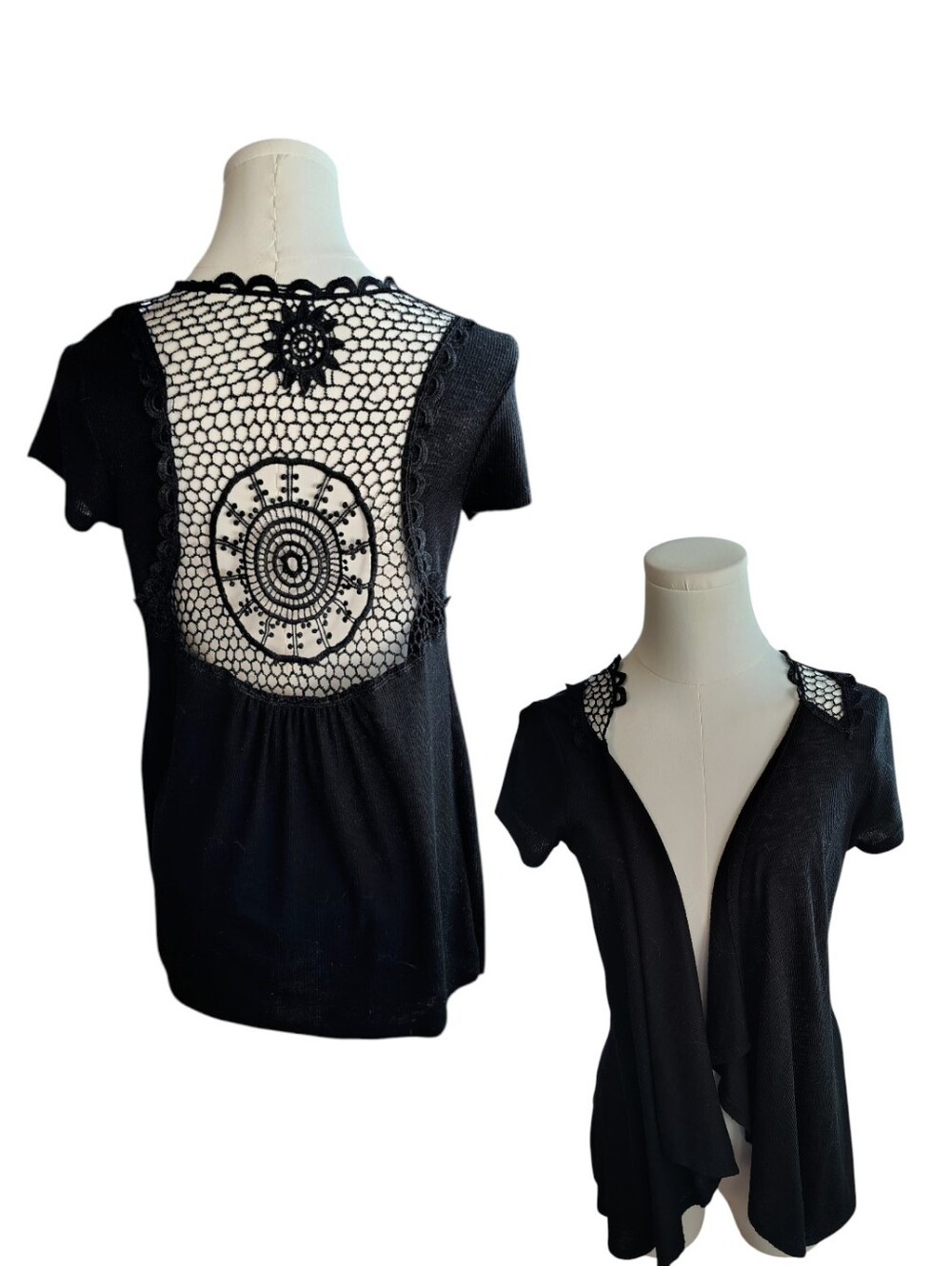 Ever Blue Bohemian Lace and Crochet Black Embellished Wrap Shawl Size Small